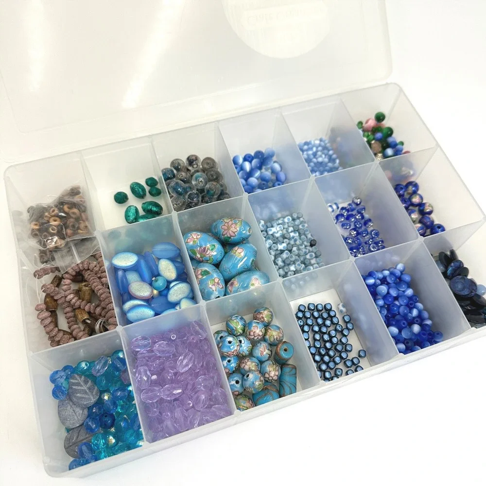 Large Blue Glass Bead Lot Jewelry Making Supplies Cloisonne Cat Eye Organizer